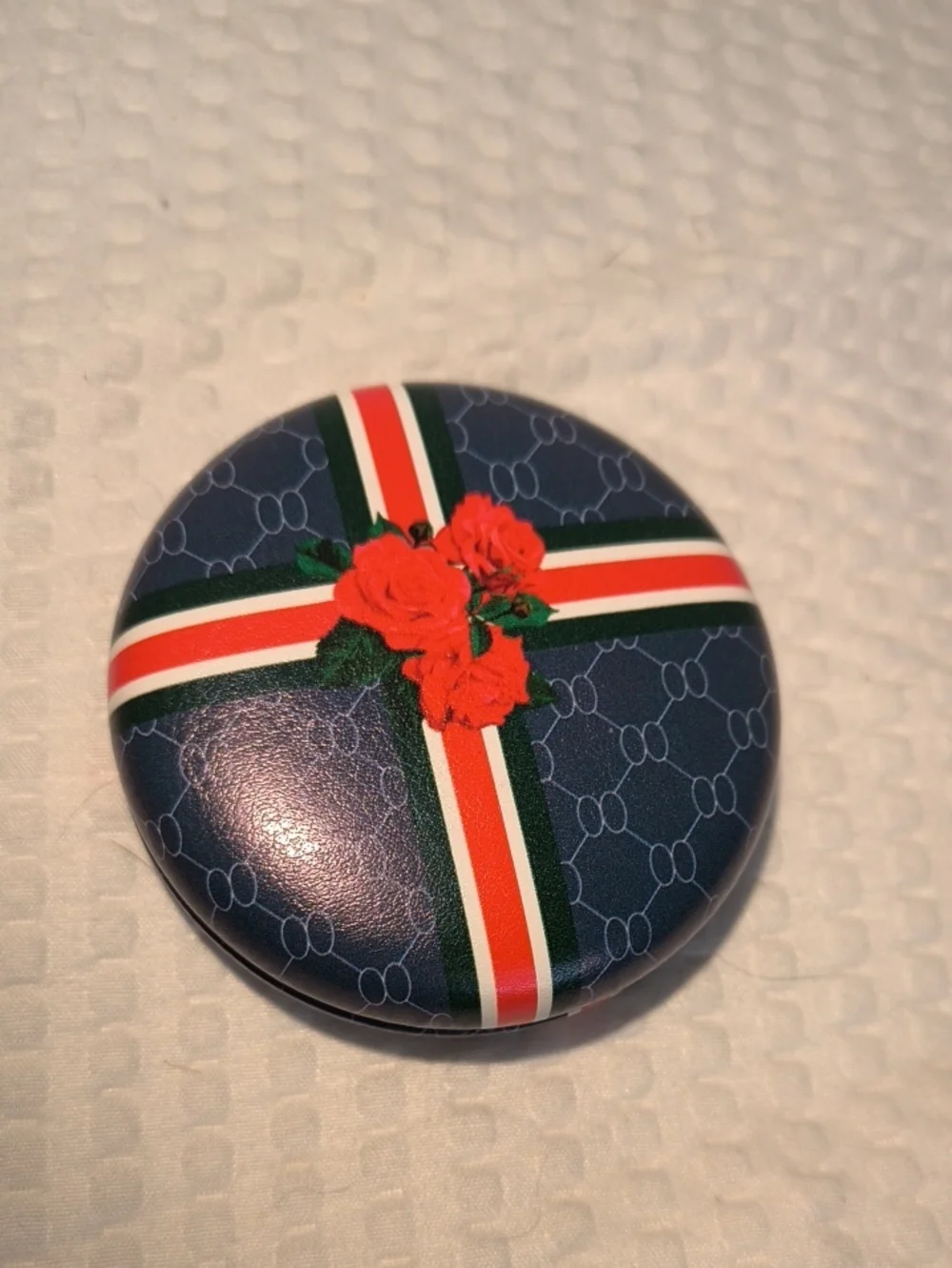 Round Navy Floral Stripe Compact Mirror